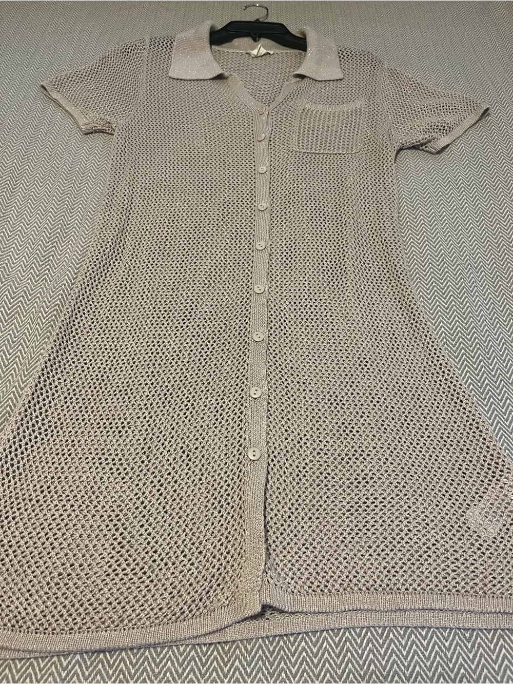Haute Hippie Metallic Beige Open-Knit Button-Front Shirt Dress. Large.